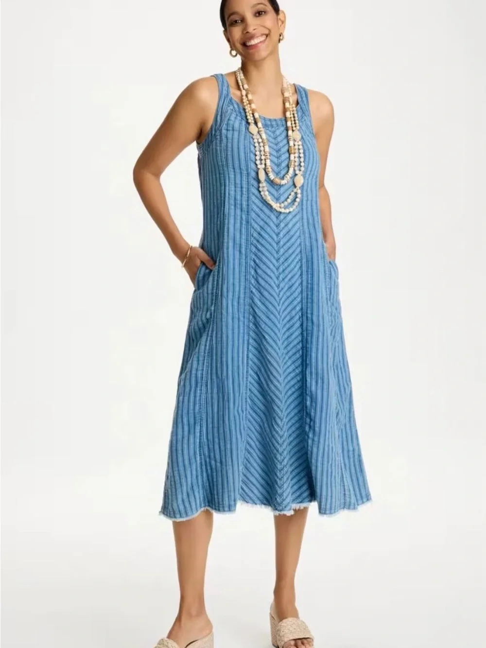 Chicos Striped Gauze Denim Sleeveless Blue Midi Dress, Size 4-6 - Picture 1 of 8